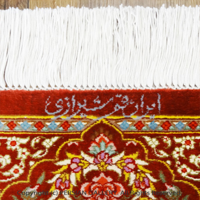 ペルシャ絨毯 クム産シラーズィ工房絹100% 88×58cm商品番号73054 